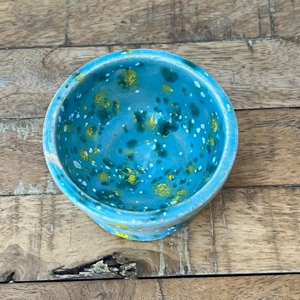 Handmade Clay Pottery Bowl Blue Yellow Speckled Crackle Glaze Artist Signed